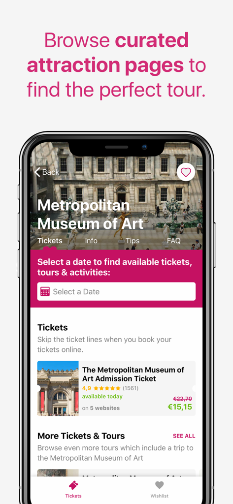 TicketLens: Tours & Activities - TicketLensアプリ、メトロポリタン美術館のツアーとチケットオプションを表示するインターフェース