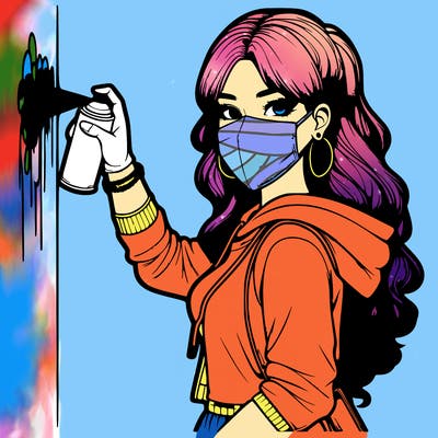 realistic girl with mask spray painting a wall