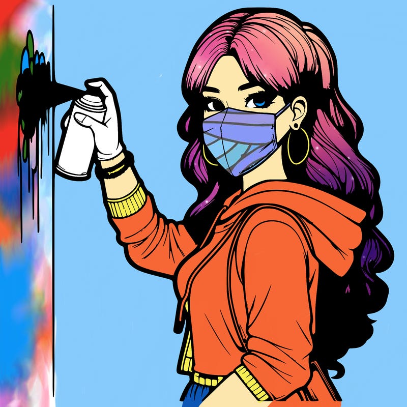 realistic girl with mask spray painting a wall