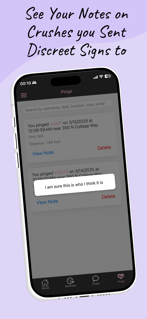 Ping Your Crush - Ping Your Crush app screenshot showing a list of sent pings and a personalized note about a crush