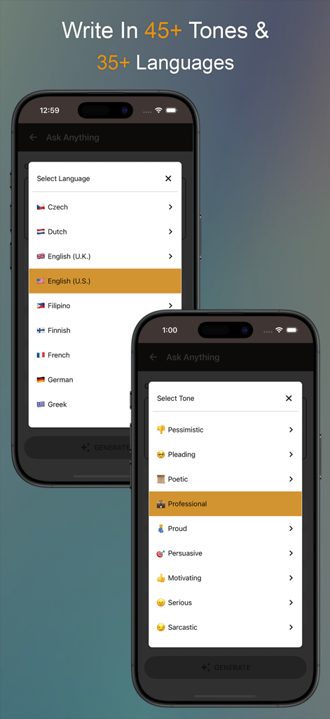 Business AI App-Oberfläche, die Auswahlmenüs für Schreibstile und mehrere Sprachen zeigt