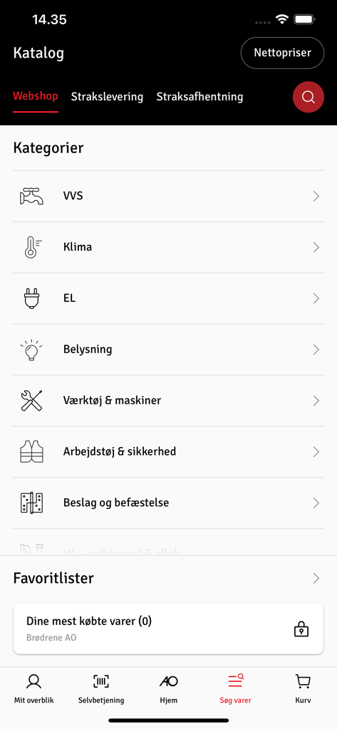 AO Mobil - AO Mobil App-Oberfläche mit Produktkategorien für professionelle Handwerker