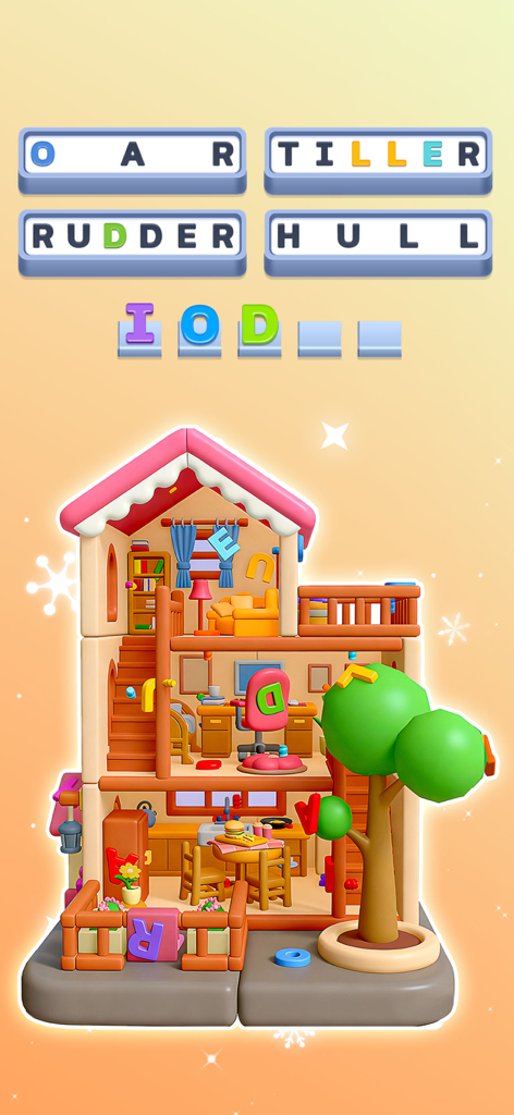 Word Screw - 3D Unscrew Bolts - A colorful 3D dollhouse with letters hidden on various surfaces in the Word Screw puzzle game