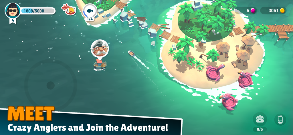 Una isla tropical con flamencos rosas flotadores y un bote de pesca en el juego móvil Creatures of the Deep.