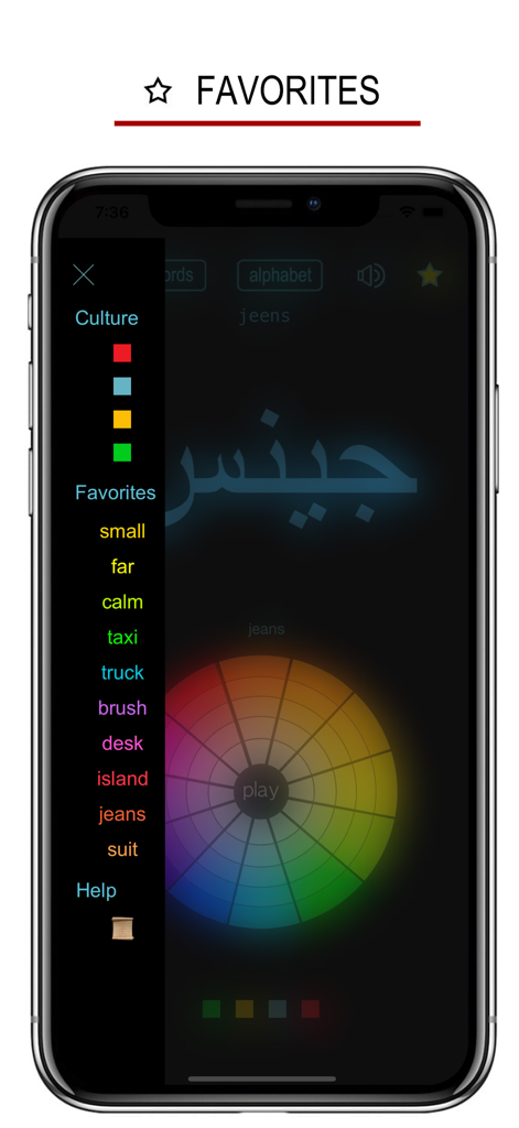 Liste des favoris et fonction roue de la fortune de l'application d'apprentissage de la langue notredou