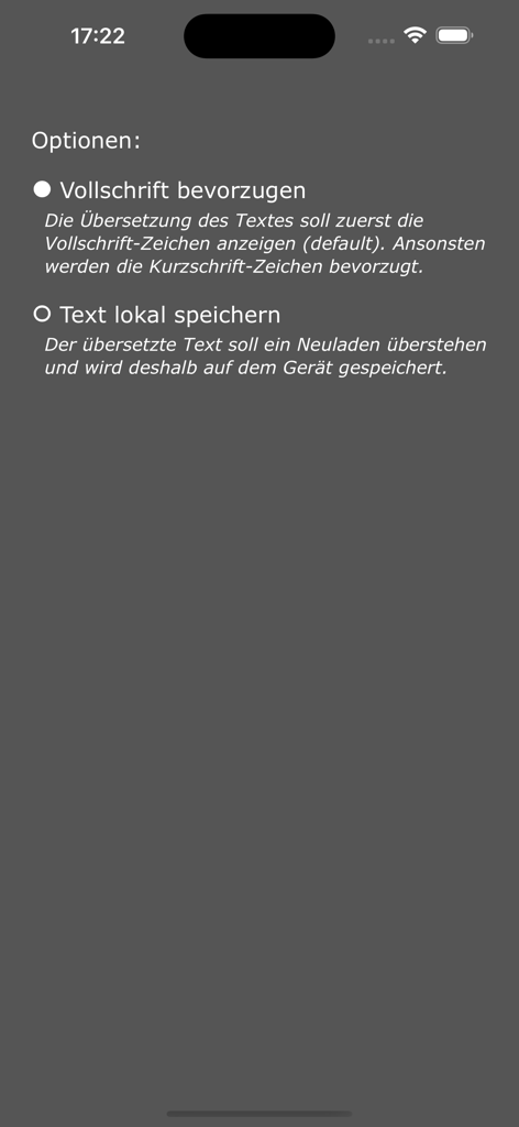 Écran des paramètres de l'application de traduction Braille montrant les options de préférence de texte intégral et de stockage de texte local.