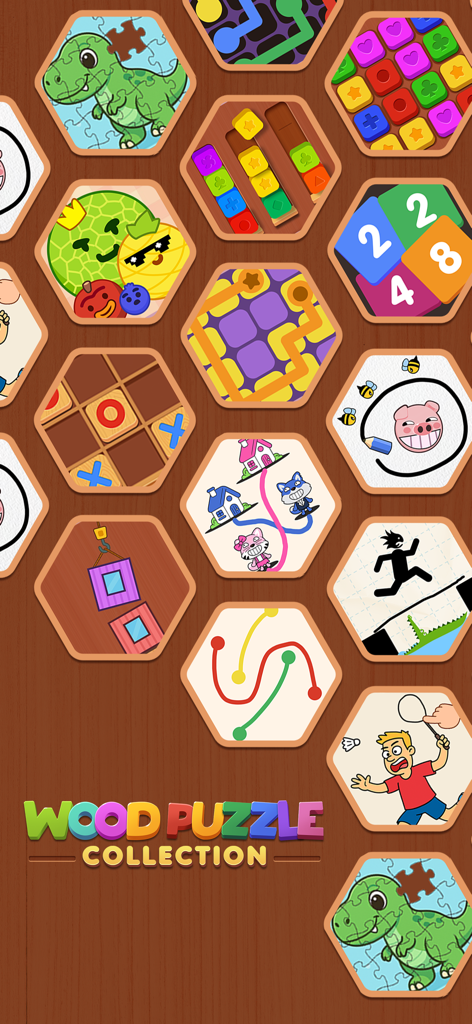 Calm & Chill Games: No Wifi - Un menú de varios minijuegos temáticos de madera, incluyendo puzles, tres en raya y desafíos de dibujo, mostrados en fichas hexagonales.