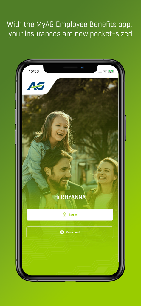 Welcome and login screen of the MyAG Employee Benefits mobile app featuring a family photo