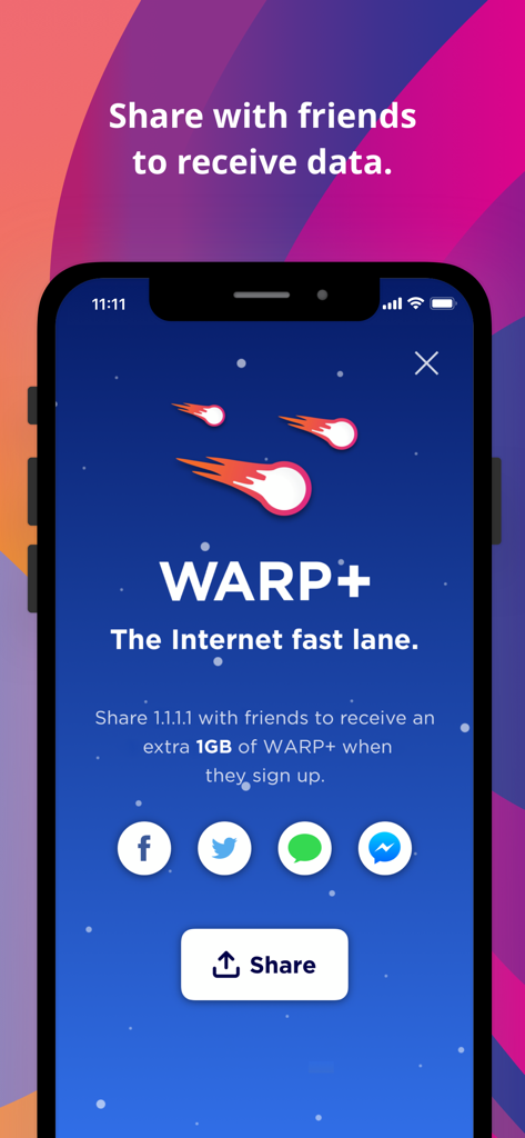 Captura de pantalla de la pantalla de referencia de la aplicación 1.1.1.1 que ofrece datos WARP Plus gratis por compartir con amigos.