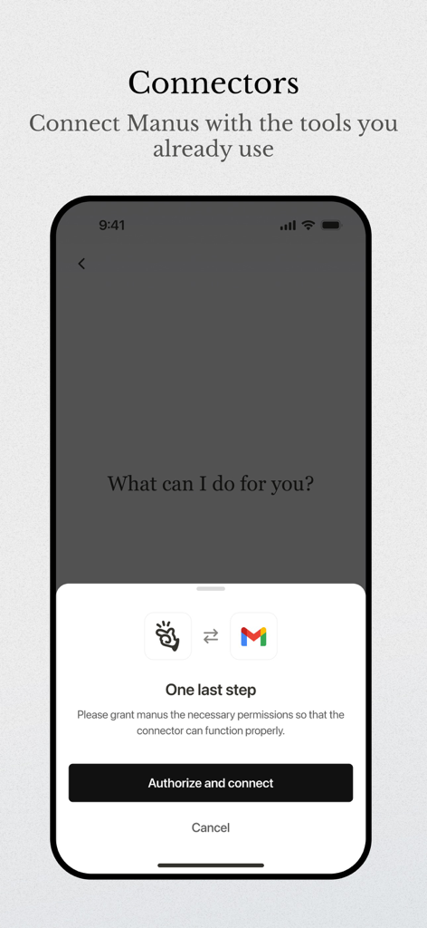 Manus AI mobile interface showing a request to authorize and connect with Gmail.