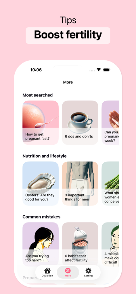 Track Ovulation, Conceive - Mobile app screen showing fertility tips and articles for boosting conception and reproductive health