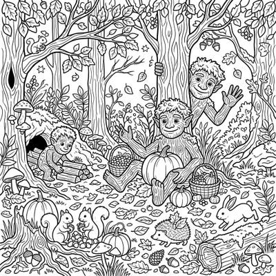 Step into a charming autumn woodland where playful Wood Trolls gather harvest treasures and prepare for the season. This intricate coloring page offers a delightful escape into a world of natural fantasy.