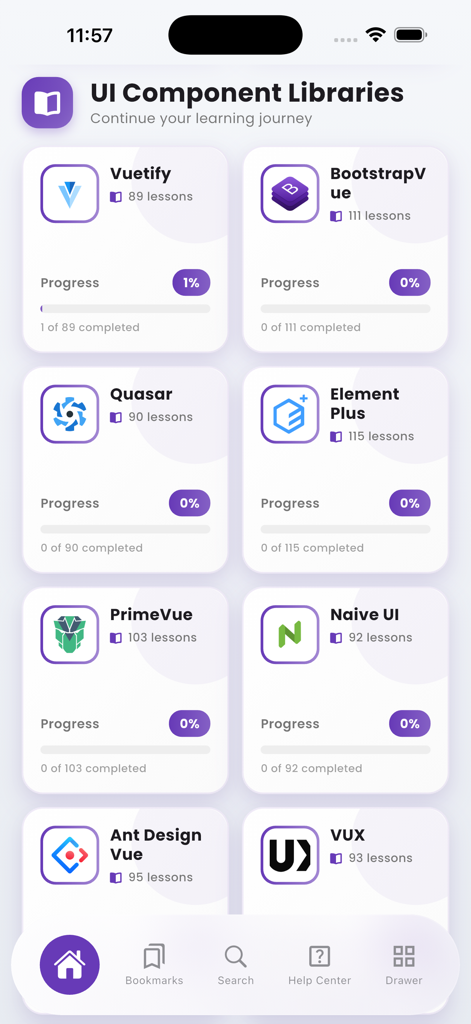 Interface do aplicativo Learn Vue.js mostrando uma lista de bibliotecas de componentes de UI como Vuetify e Quasar com acompanhamento de progresso para cada uma.