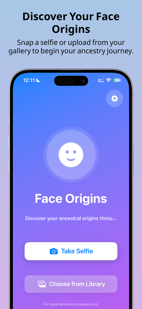 Face Origins: AI World Match - Interfaz de la aplicación Face Origins con botones para tomar una selfie o elegir de la biblioteca para iniciar un viaje genealógico