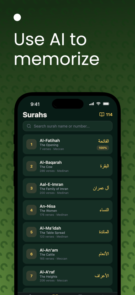 Tarteel - Quran Memorization - The Tarteel app interface displaying a searchable list of Quranic Surahs for memorization with progress tracking