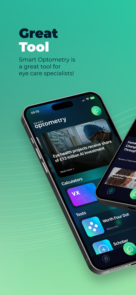 Smart Optometry - Smart Optometry mobile app interface for eye care specialists showing vision tests and calculators