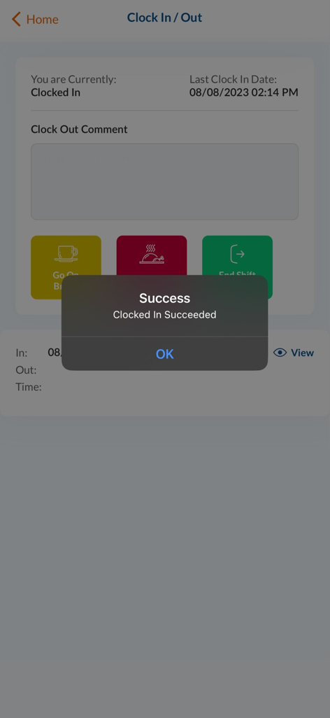 Mobile app screen showing a successful clock in confirmation for security officers