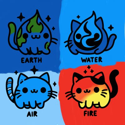 4 cats that represent the different elements, earth, water, air, and fire