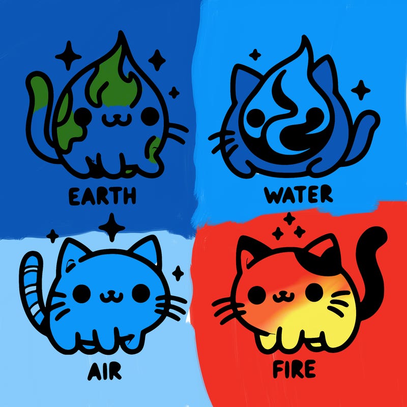 4 cats that represent the different elements, earth, water, air, and fire