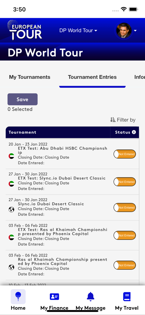 My Tour - DP World Tour tournament entries list in the My Tour mobile app