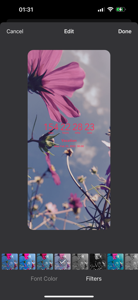 Écran d'édition de l'application Countdown@ montrant un compte à rebours de vacances avec un fond floral et des options de filtre