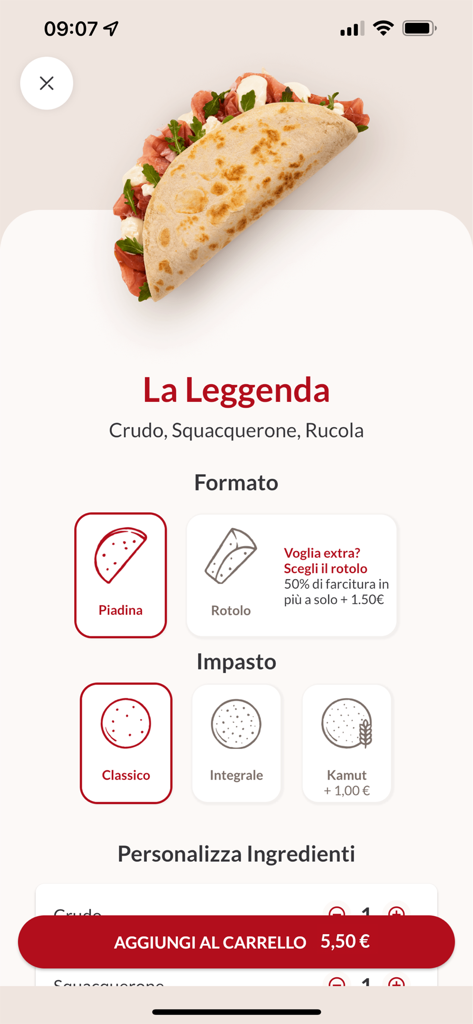 Pantalla de personalización de una piadina en la app LA Piadineria mostrando opciones de masa y formato