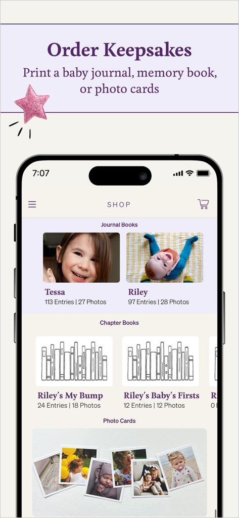 Qeepsake: Journal & Milestones - Interface of the Qeepsake app shop showing options to order printed baby journals and photo books.