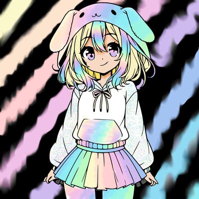 pretty anime girl wearing a fluffy hoodie with bunny ears on the hood and a skirt