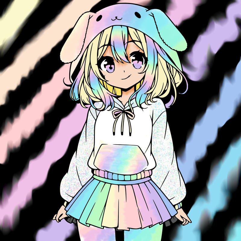 pretty anime girl wearing a fluffy hoodie with bunny ears on the hood and a skirt