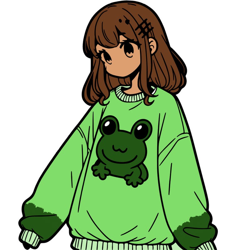 girl wearing frogging sweatshirt