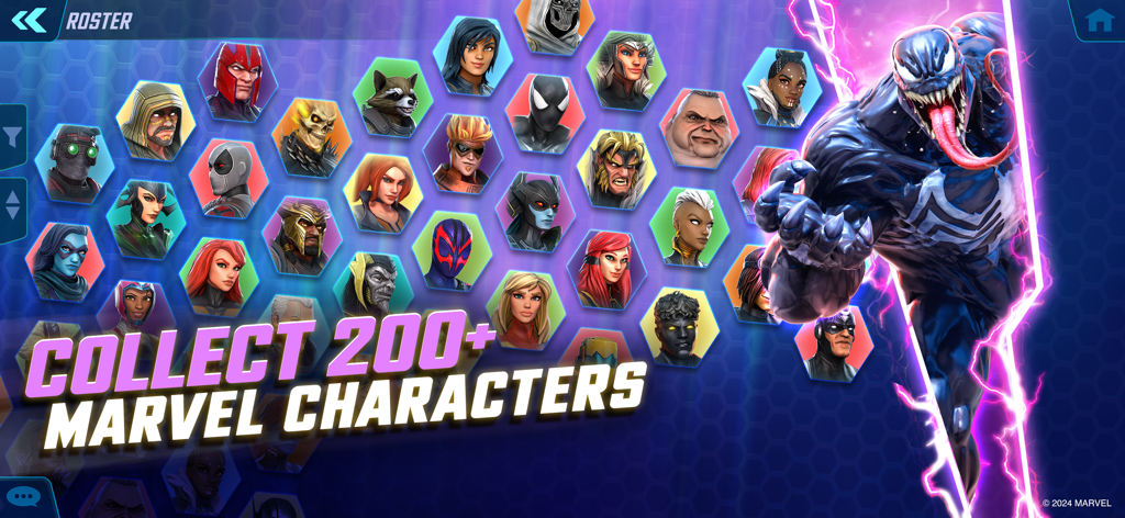 MARVEL Strike Force: Squad RPG - 베놈이 크게 표시된 200명 이상의 마블 히어로와 빌런 컬렉션을 보여주는 마블 스트라이크 포스 캐릭터 로스터 화면