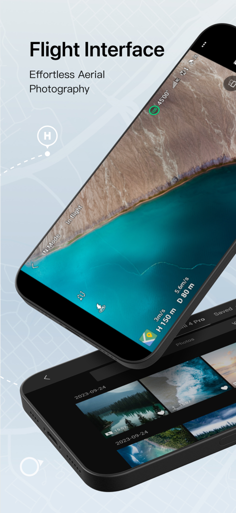 DJI Fly app flight interface displaying live aerial drone footage and a media gallery