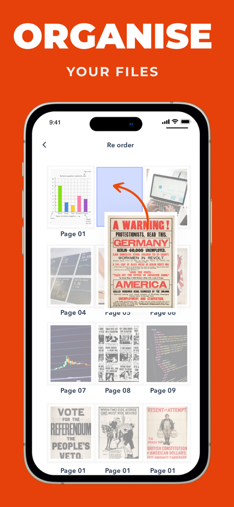 Mobile screen showing the reorder feature for PDF document pages with a drag and drop interface