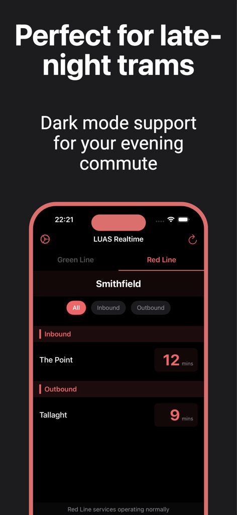 LUAS Realtime - LUAS Realtime App zeigt Ankunftszeiten im Dunkelmodus für die Station Smithfield an