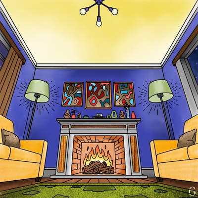 interior living room, furnished, fire in a fireplace,  lamps, kniknacks, solid mantel, paintings on the wall, realistic with fine detail