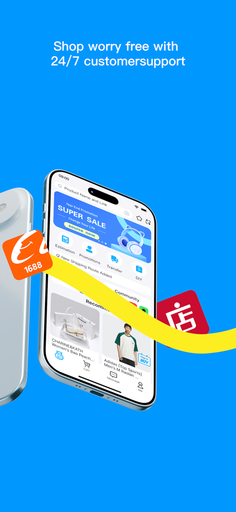 Hipobuy mobile app interface showing product listings and 24/7 customer support text.