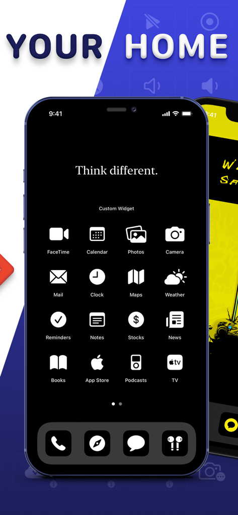 Pantalla de inicio de iPhone minimalista oscura con íconos blancos personalizados y widget de texto.