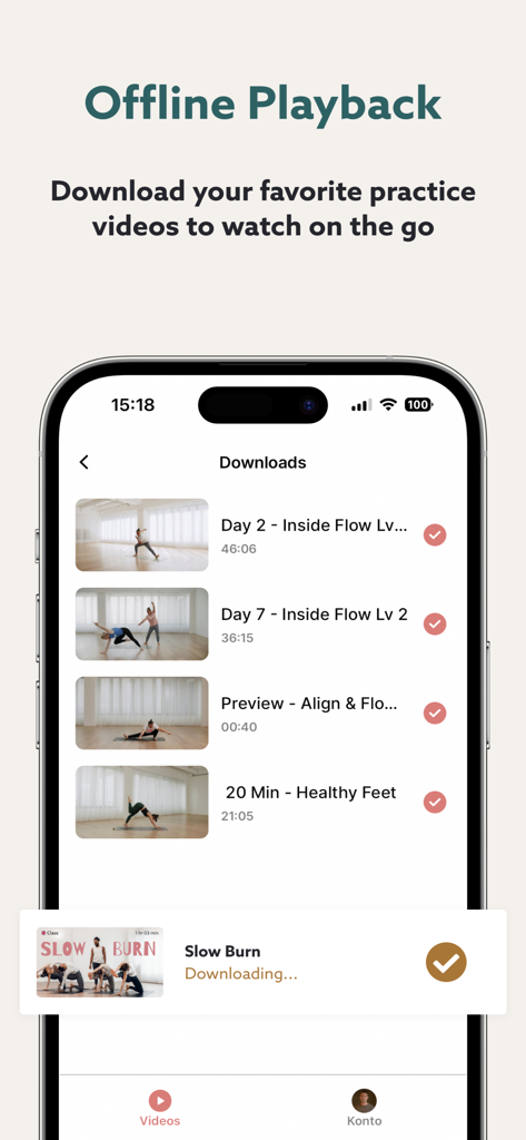 Smartphone displaying the offline downloads page of the Inside Online yoga app.
