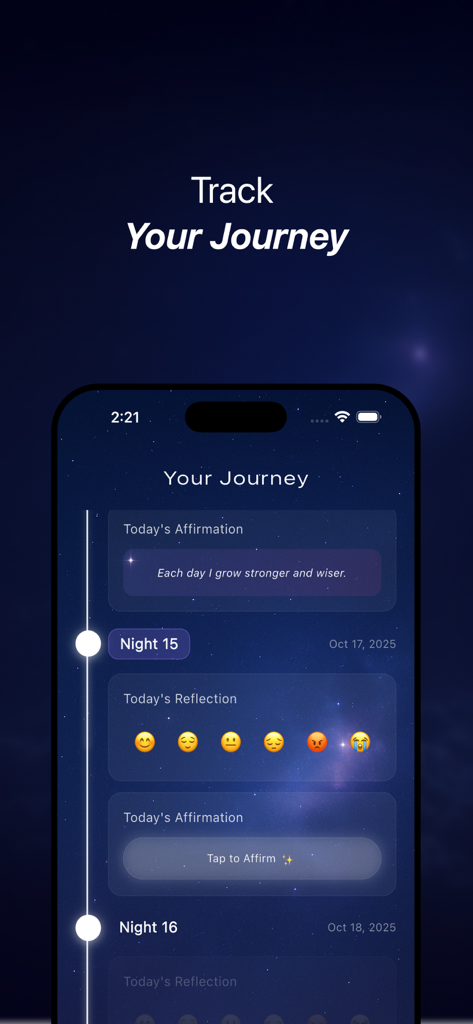 Skye - Rewire your Mind - A mobile app interface showing a manifestation journey timeline with daily affirmations and mood reflections on a starry background