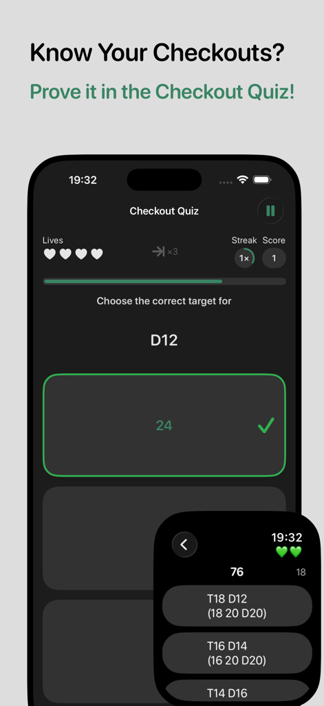 Darts Checkout Scorer Pro App Checkout-Quiz-Oberfläche auf iPhone und Apple Watch