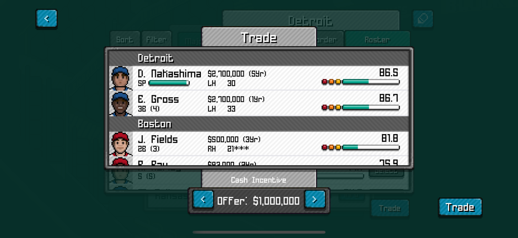 Pixel Pro Baseball trade menu screen showing player stats and trade offers between Detroit and Boston teams in a retro pixel art style.