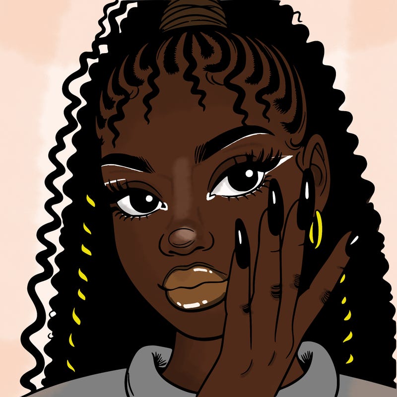 black girl with 90’s curved nails purple theme natural hair. french tip.