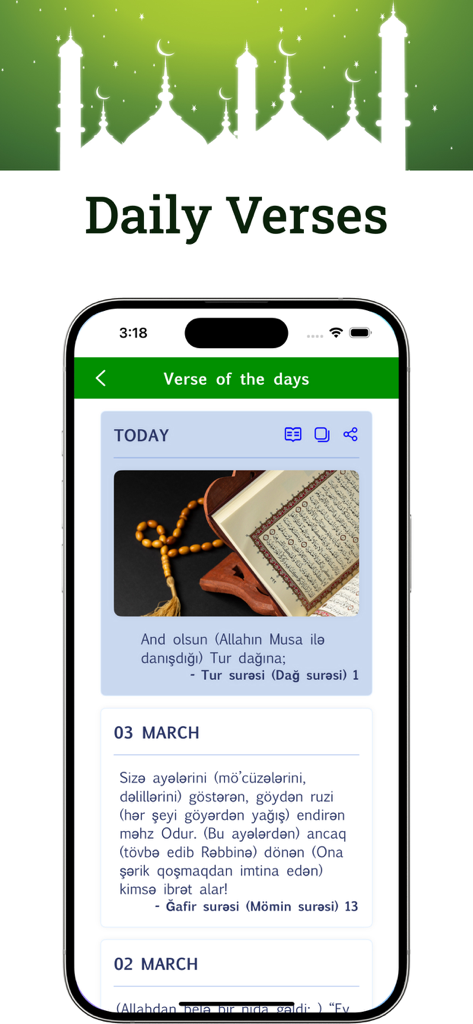 Azerbaijani Quran - iPhone display showing the Daily Verses feature of the Azerbaijani Quran app with scripture text in the Azerbaijani language.