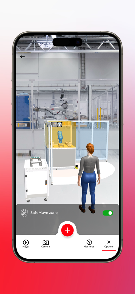 RobotStudio® AR Viewer - AR visualization of an ABB robot cell and SafeMove safety zone in a factory environment