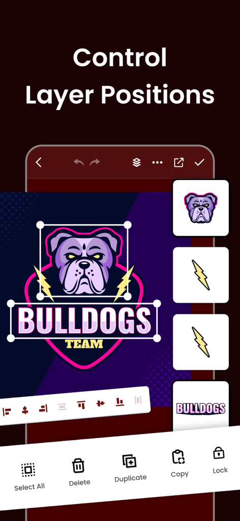 Interfaz de la aplicación Logo Esport Gaming Maker para gestionar capas de un logo mascot de bulldog