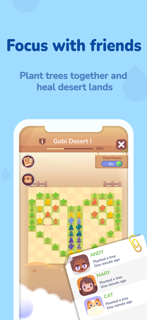 Focus Plant: Forest phone lock - Focus Plant 앱 화면에 친구와 함께 집중하기 기능 및 나무 심기 진행 상황 표시