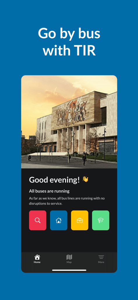 Pantalla de inicio de la aplicación de autobús TIR que muestra el estado del autobús y accesos directos de navegación para viajar por Tirana