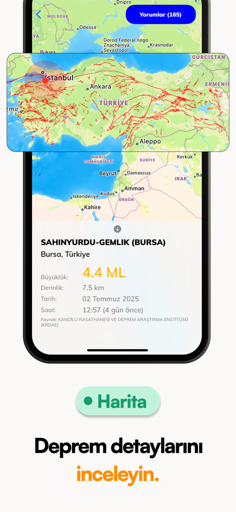 Earthquake Turkey - Smartphone screen showing an earthquake map of Turkey and seismic activity details for a magnitude 4.4 event in Bursa.
