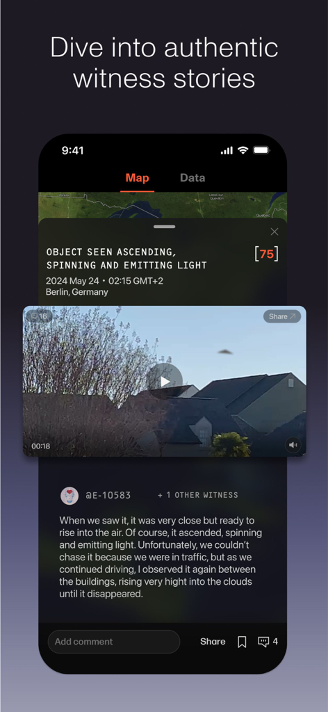 Oberfläche der Enigma-App, die einen UFO-Sichtungsbericht mit Zeugenaussagen und Video anzeigt