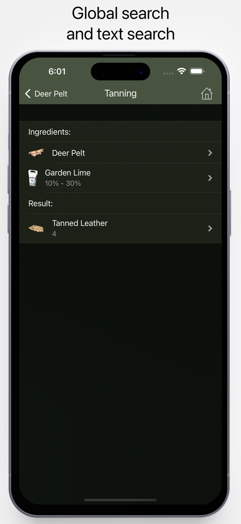 Pocket Wiki for DayZ - Smartphone screen displaying a tanning recipe guide in the Pocket Wiki for DayZ app